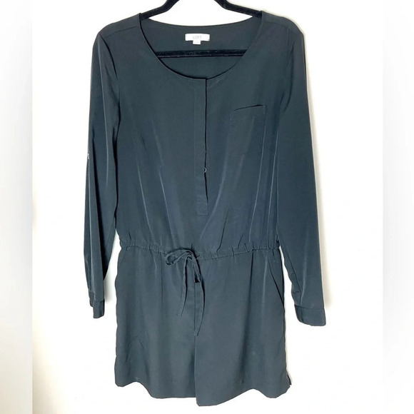 LOFT | Women's Black Long Sleeve Shorts Romper Tie Waist Button Front Size 4 - Picture 1 of 10
